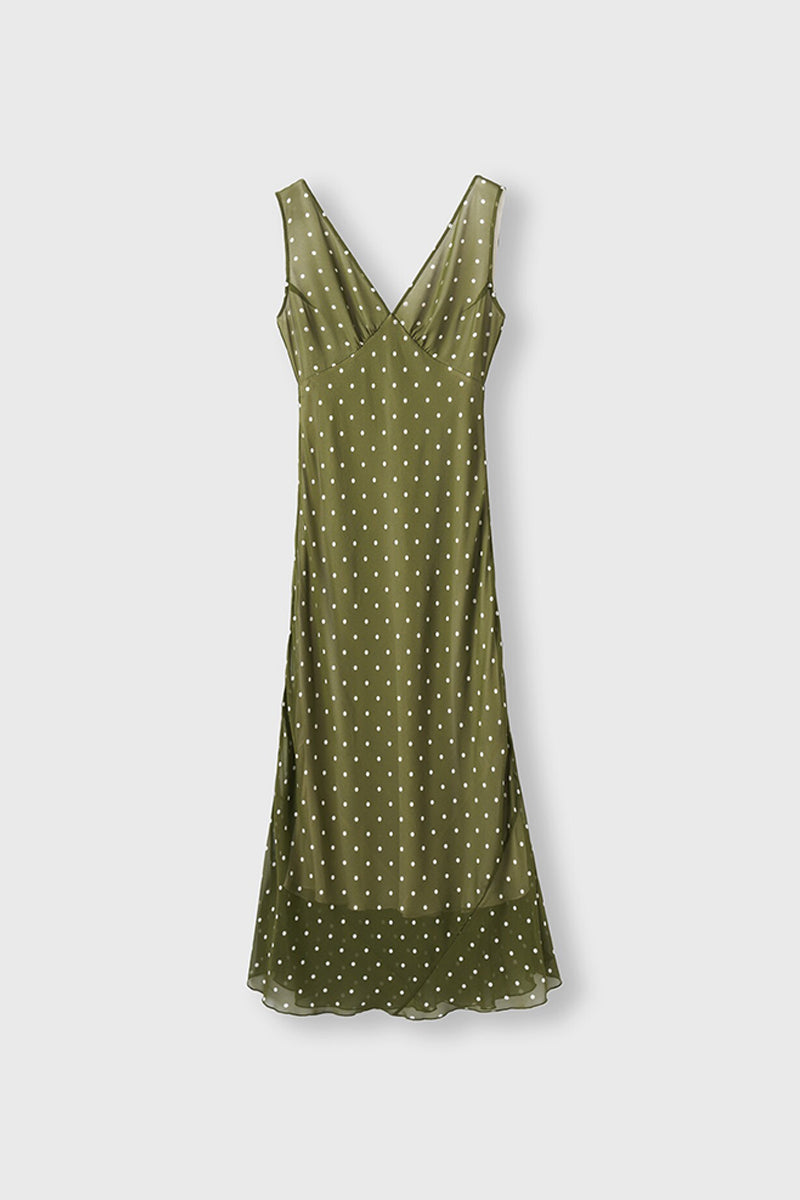 100 Silk Polka Dot Bias-Cut Midi Dress in Olive Green