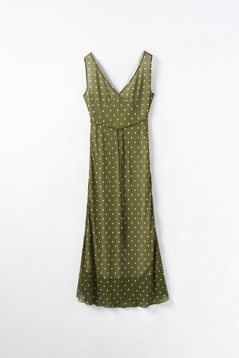 100 Silk Polka Dot Bias-Cut Midi Dress in Olive Green