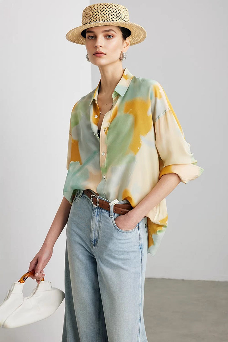 100% Silk Printed Button Down Relaxed Fit Shirt