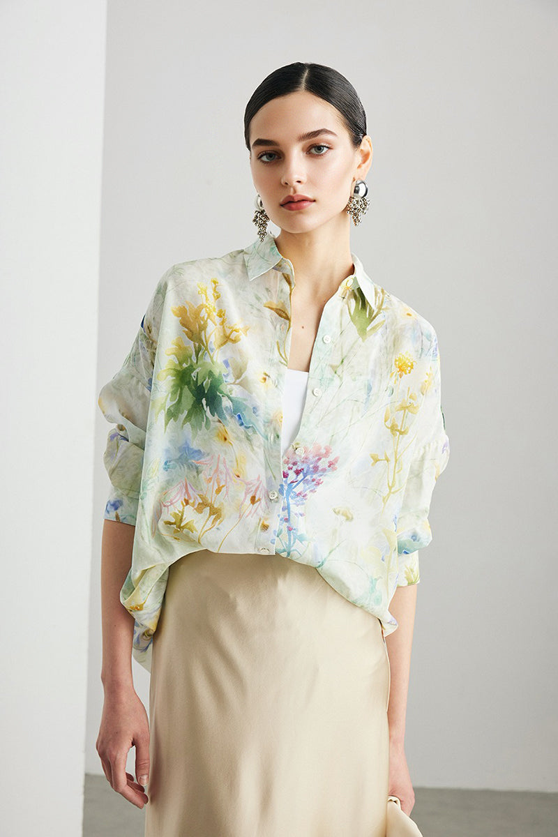 100% Silk Printed Button Down Relaxed Fit Shirt