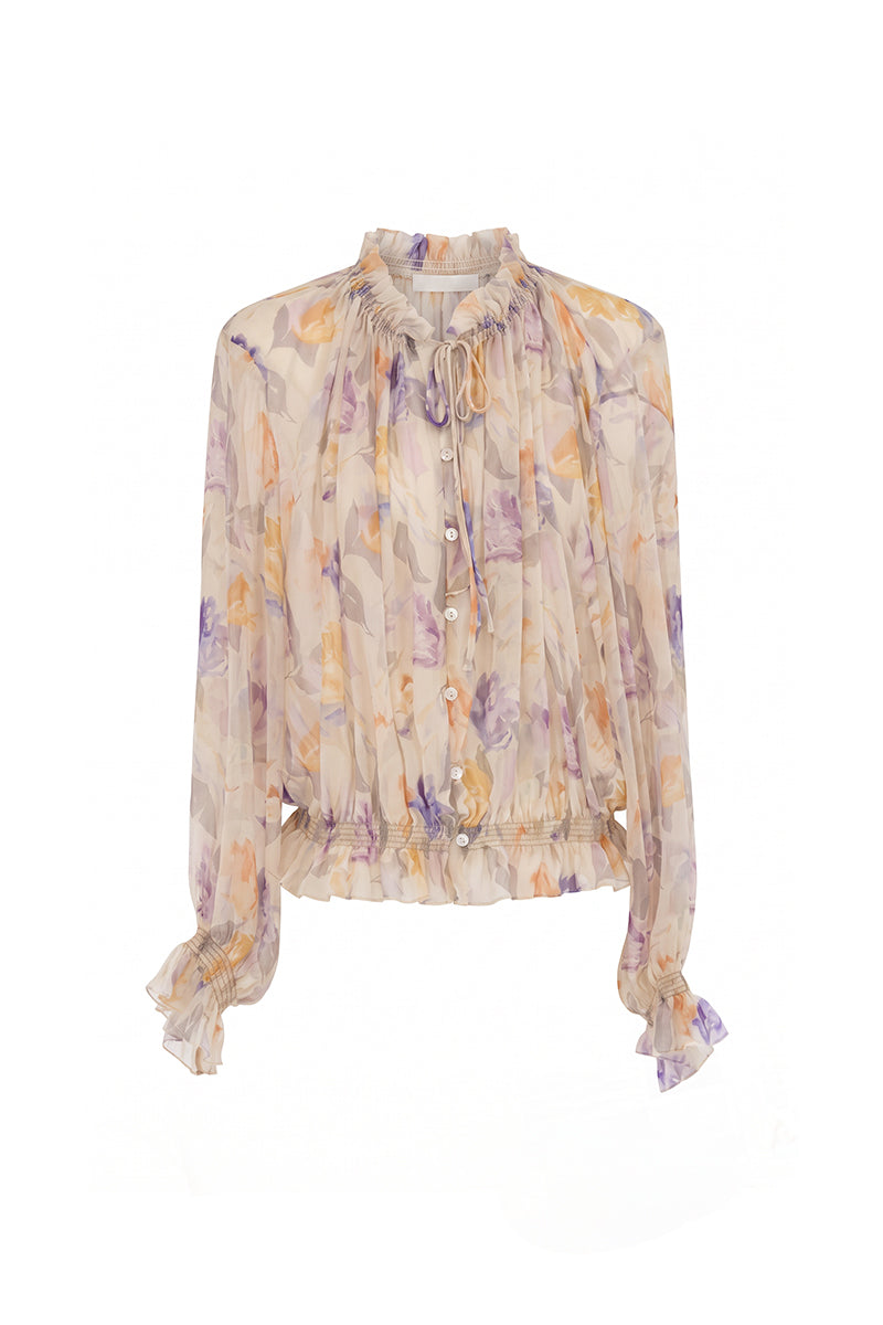 100% Silk Sheer Floral Print Tie Neck Blouse