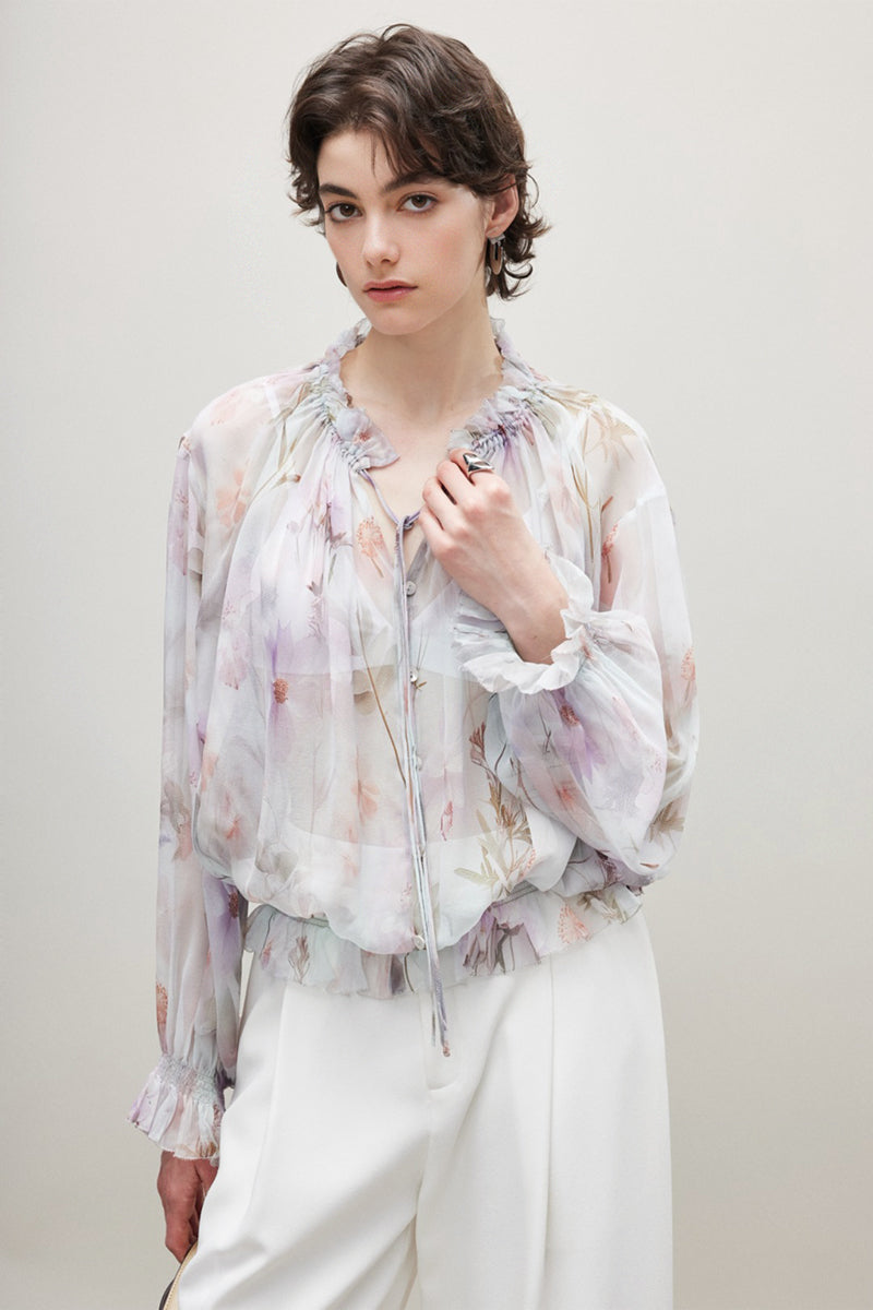 100% Silk Sheer Floral Print Tie Neck Blouse