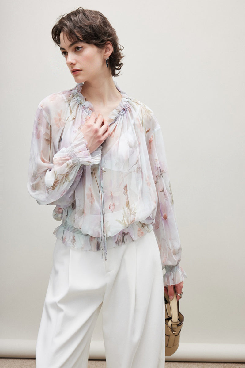 100% Silk Sheer Floral Print Tie Neck Blouse