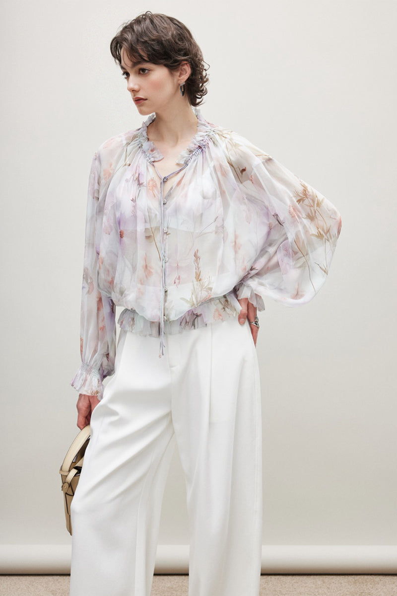 100% Silk Sheer Floral Print Tie Neck Blouse