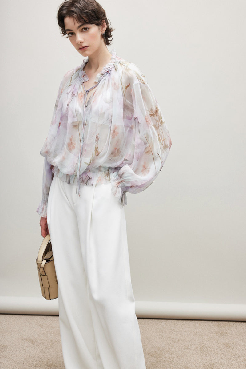 100% Silk Sheer Floral Print Tie Neck Blouse