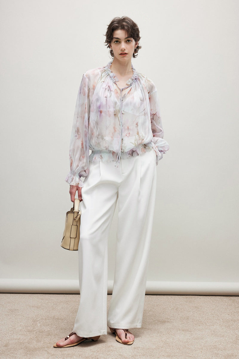 100% Silk Sheer Floral Print Tie Neck Blouse