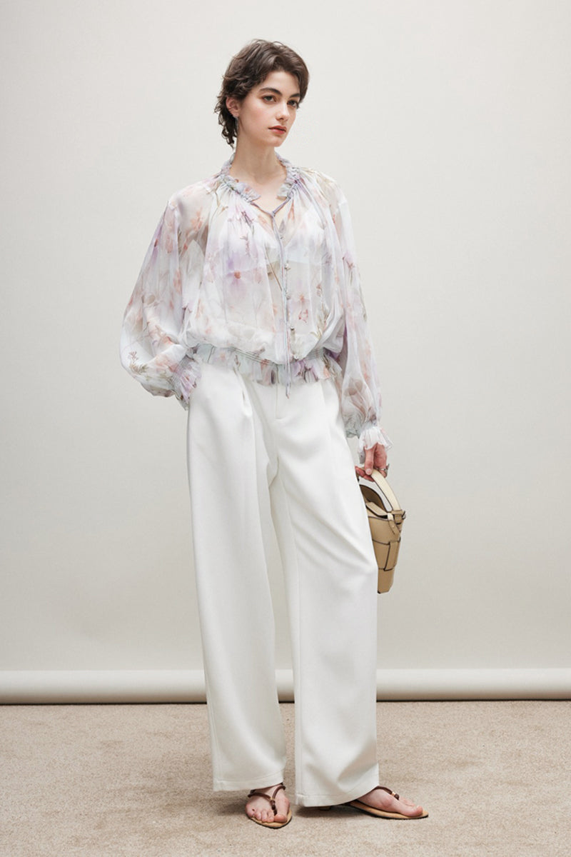 100% Silk Sheer Floral Print Tie Neck Blouse