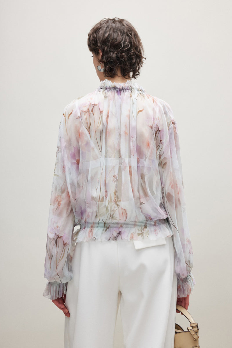 100% Silk Sheer Floral Print Tie Neck Blouse