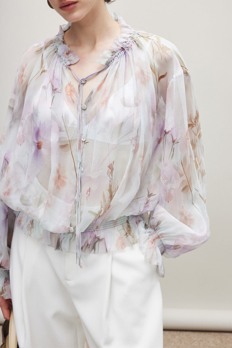100% Silk Sheer Floral Print Tie Neck Blouse