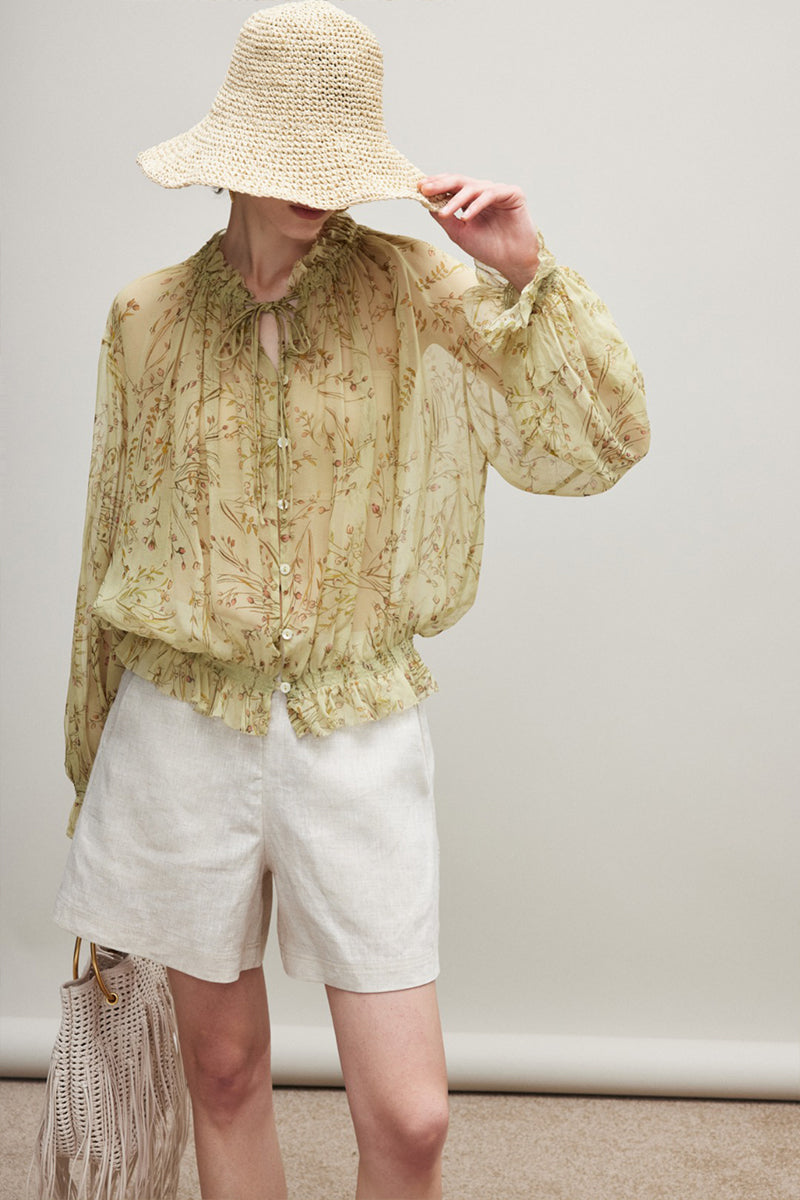 100% Silk Sheer Floral Print Tie Neck Blouse