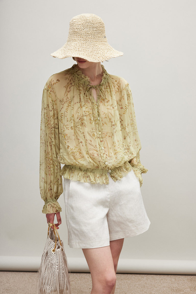 100% Silk Sheer Floral Print Tie Neck Blouse