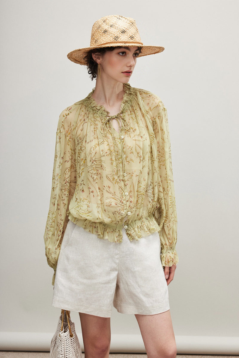100% Silk Sheer Floral Print Tie Neck Blouse