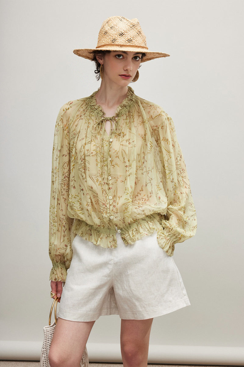 100% Silk Sheer Floral Print Tie Neck Blouse