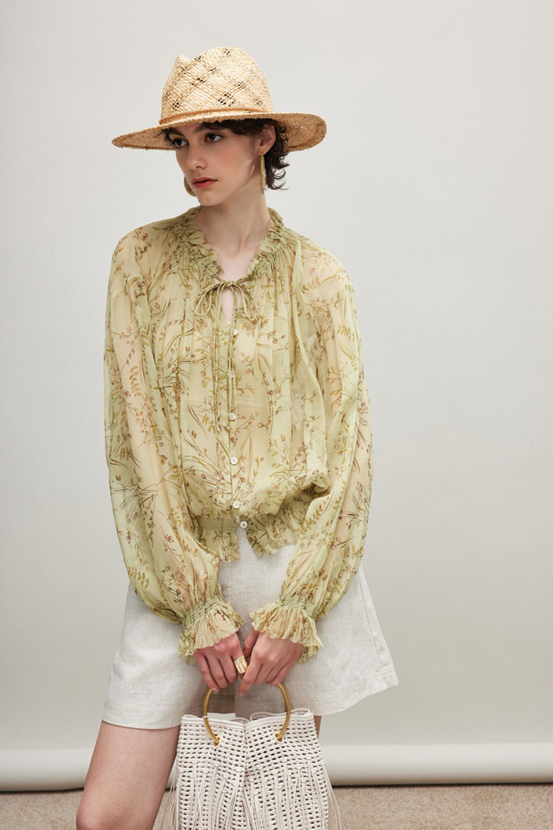 100% Silk Sheer Floral Print Tie Neck Blouse