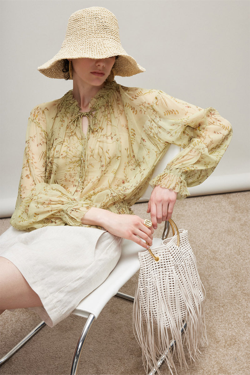 100% Silk Sheer Floral Print Tie Neck Blouse