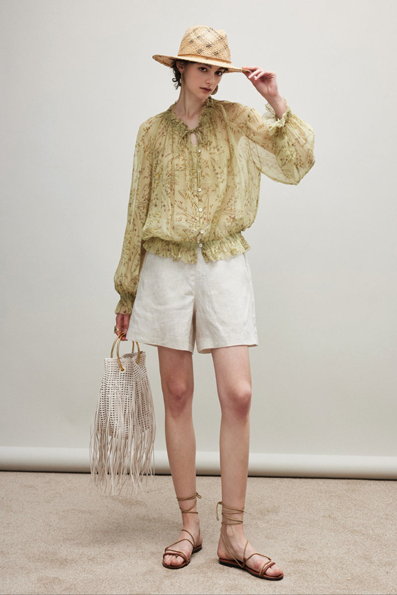 100% Silk Sheer Floral Print Tie Neck Blouse