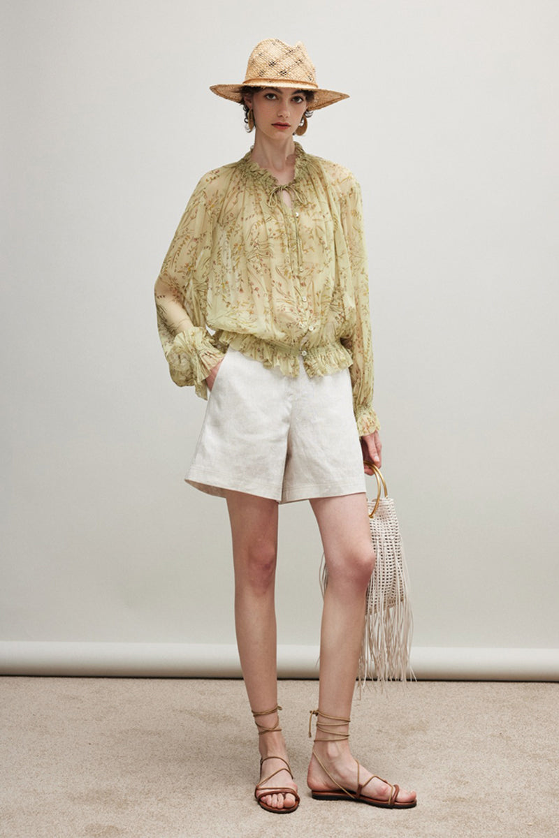 100% Silk Sheer Floral Print Tie Neck Blouse