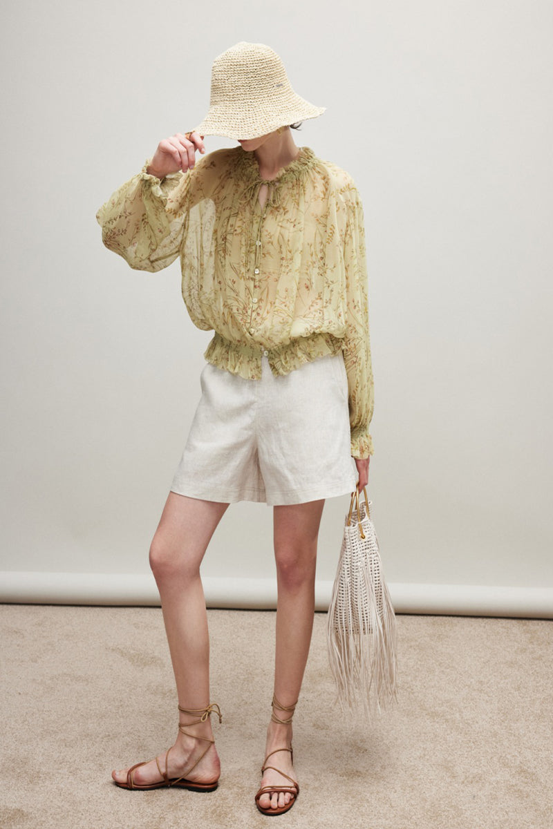 100% Silk Sheer Floral Print Tie Neck Blouse