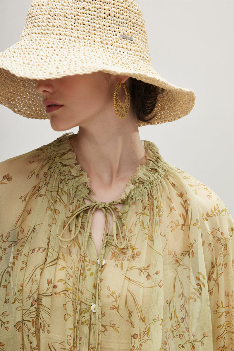 100% Silk Sheer Floral Print Tie Neck Blouse