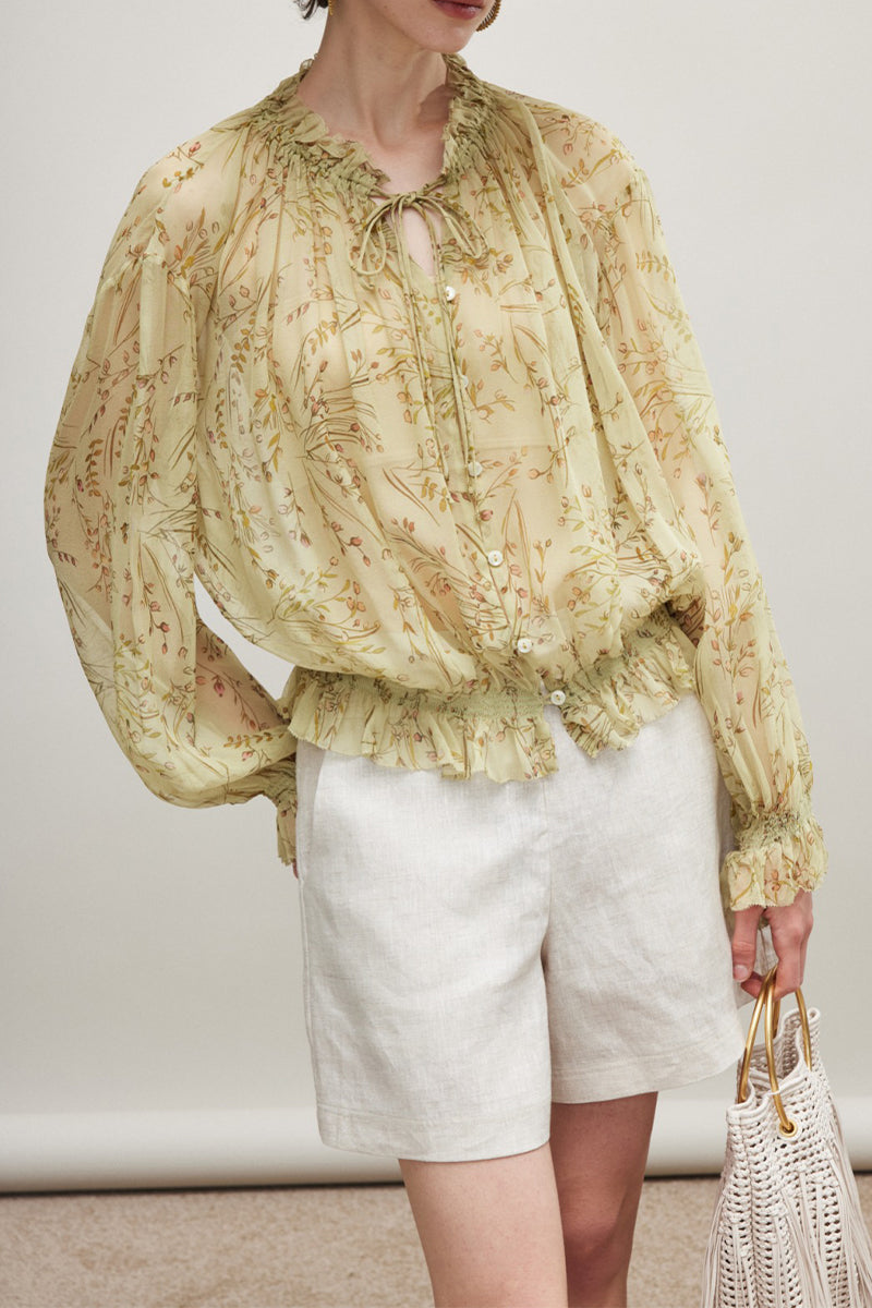 100% Silk Sheer Floral Print Tie Neck Blouse