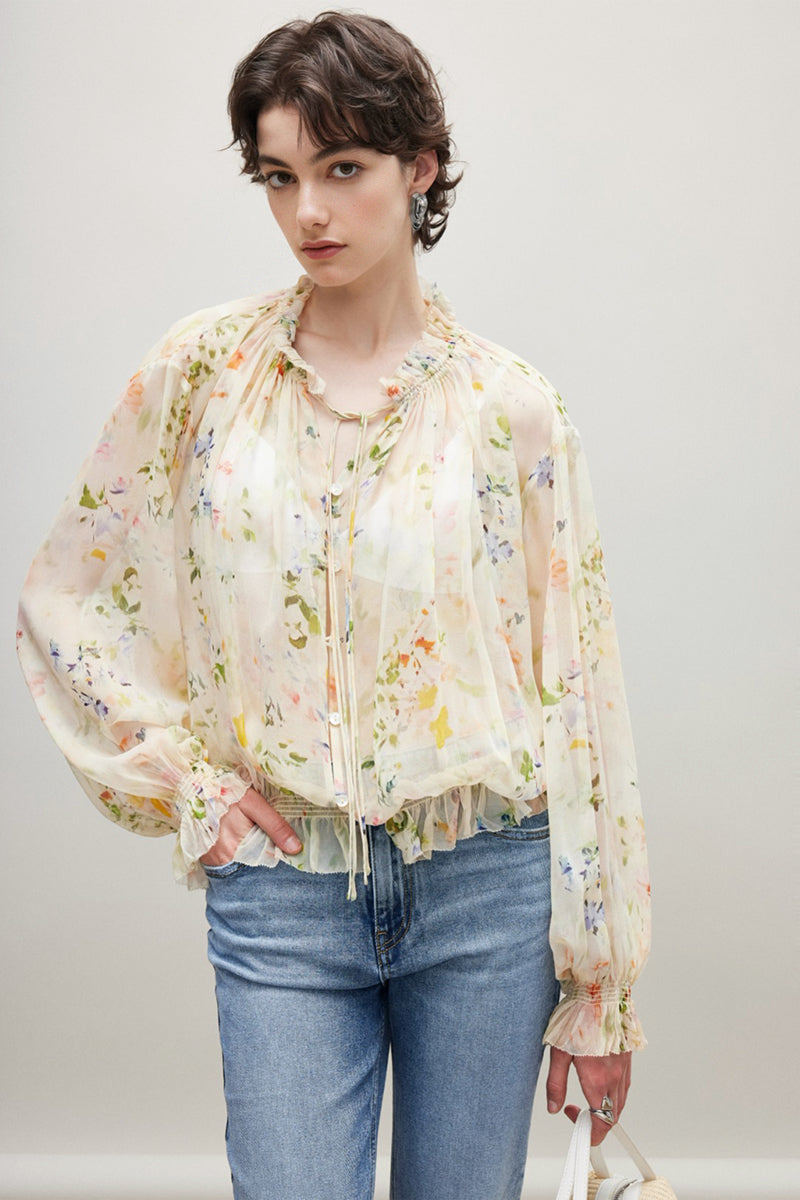 100% Silk Sheer Floral Print Tie Neck Blouse