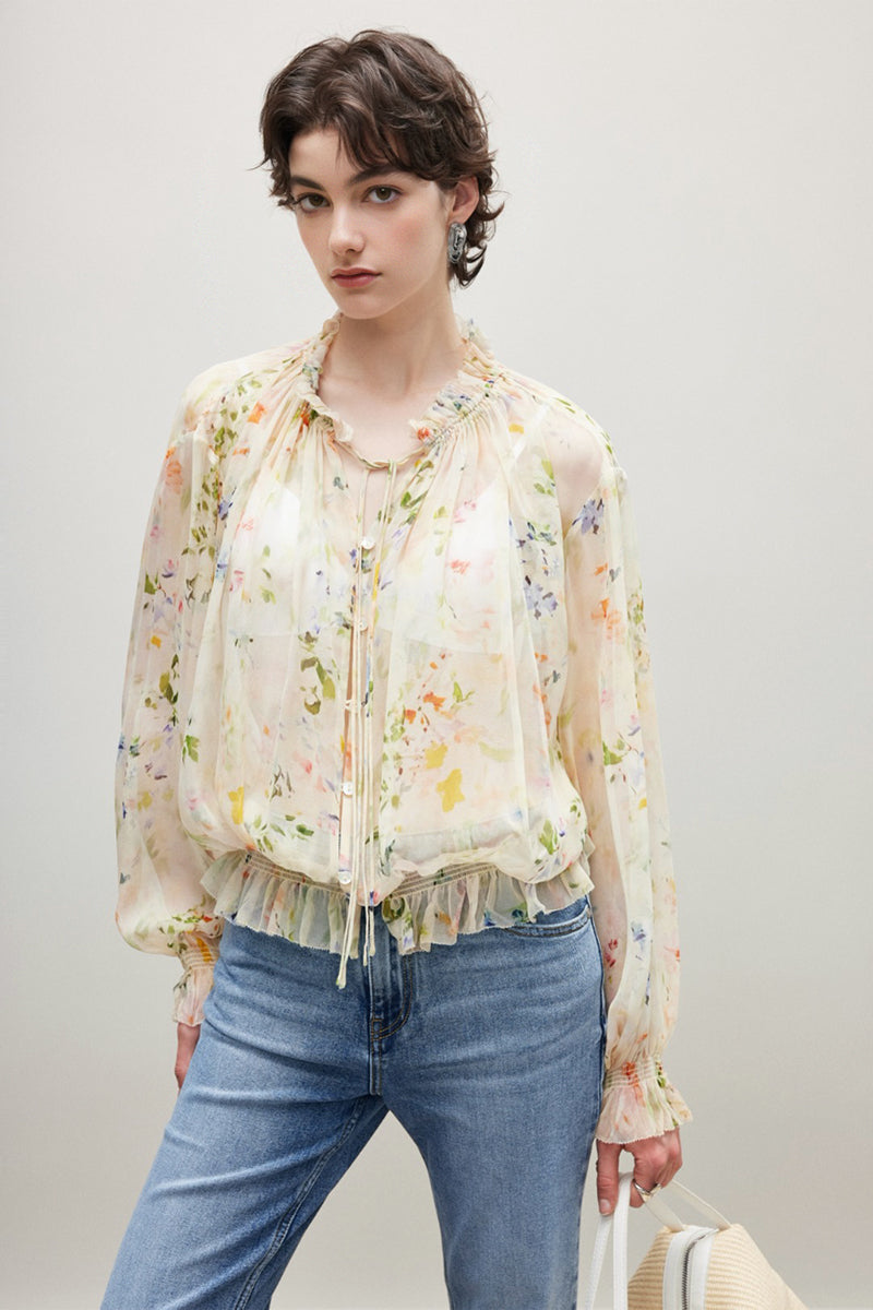 100% Silk Sheer Floral Print Tie Neck Blouse