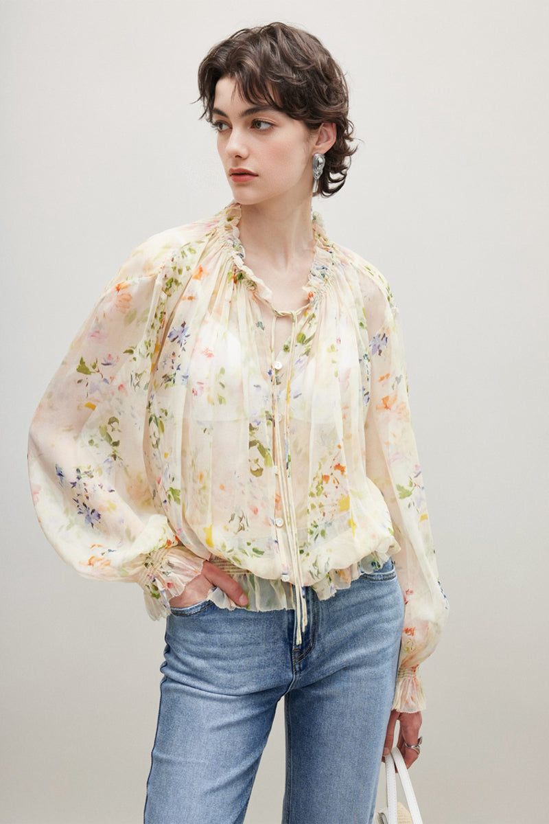 100% Silk Sheer Floral Print Tie Neck Blouse