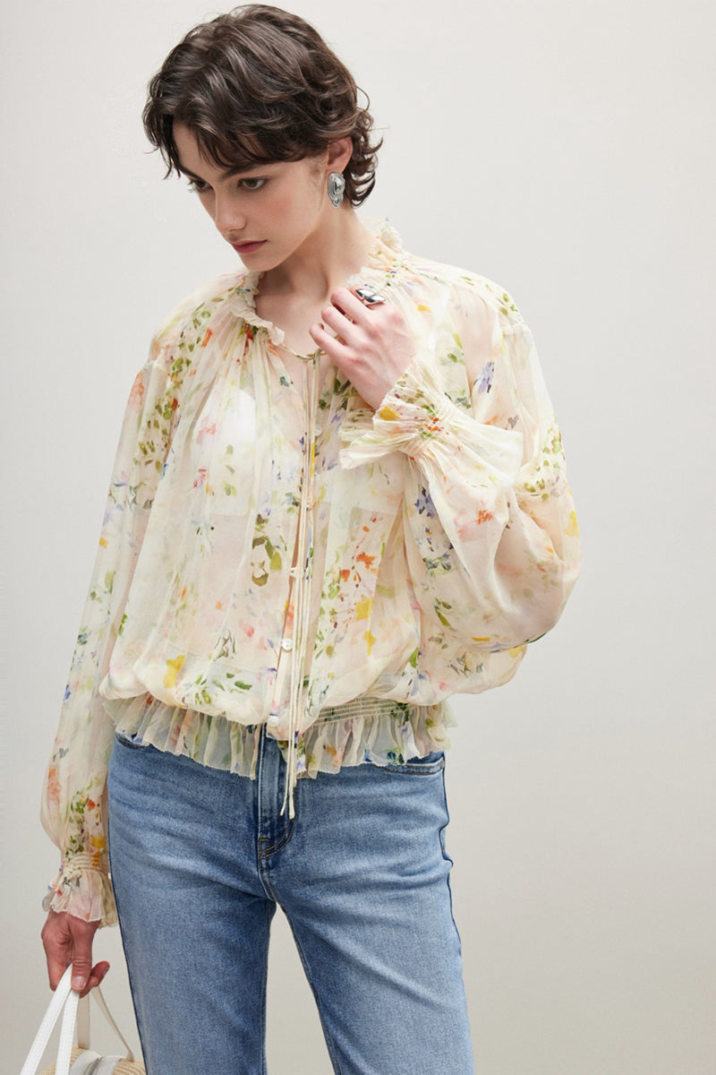 100% Silk Sheer Floral Print Tie Neck Blouse