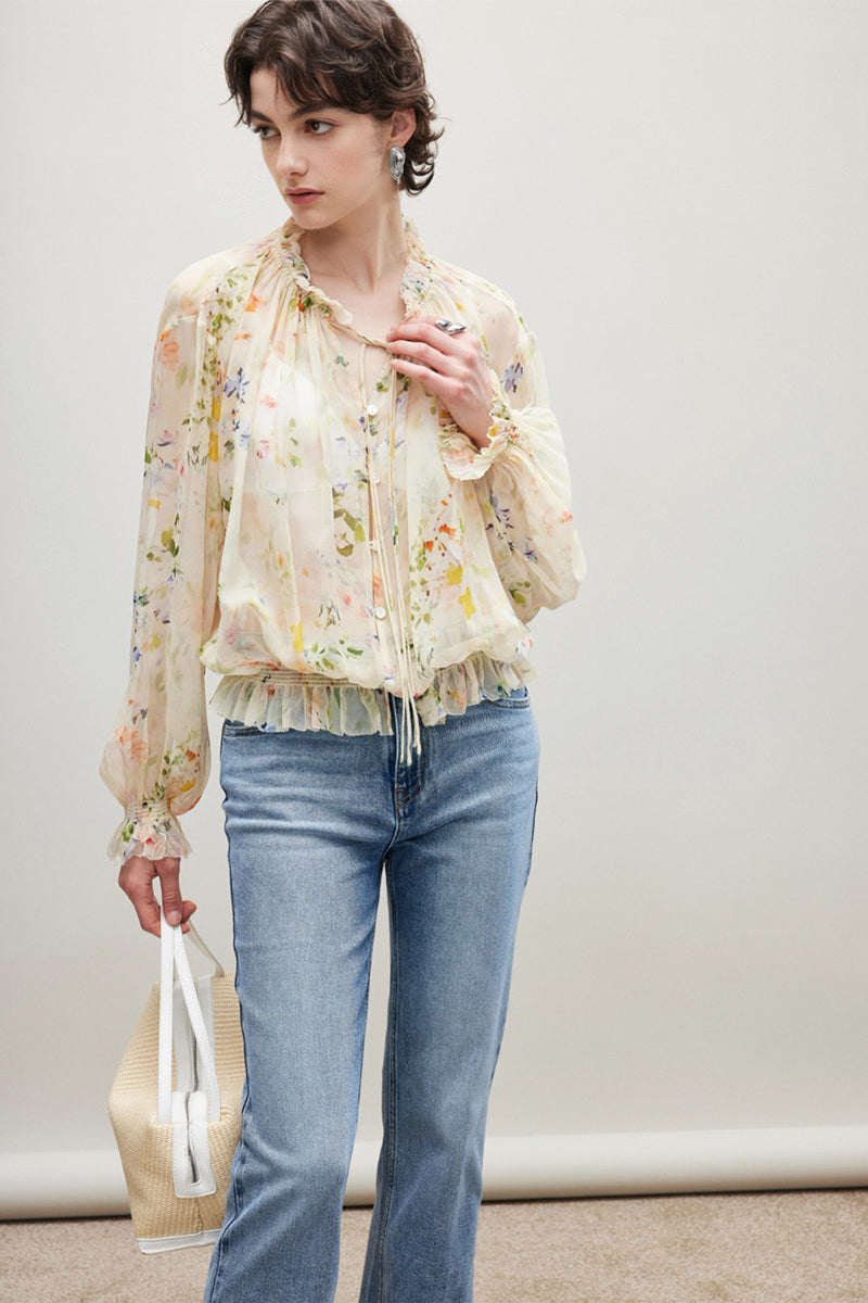 100% Silk Sheer Floral Print Tie Neck Blouse