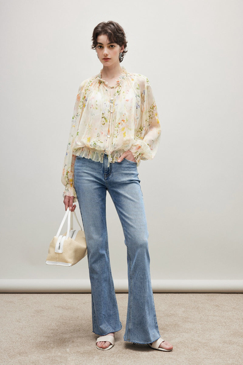100% Silk Sheer Floral Print Tie Neck Blouse