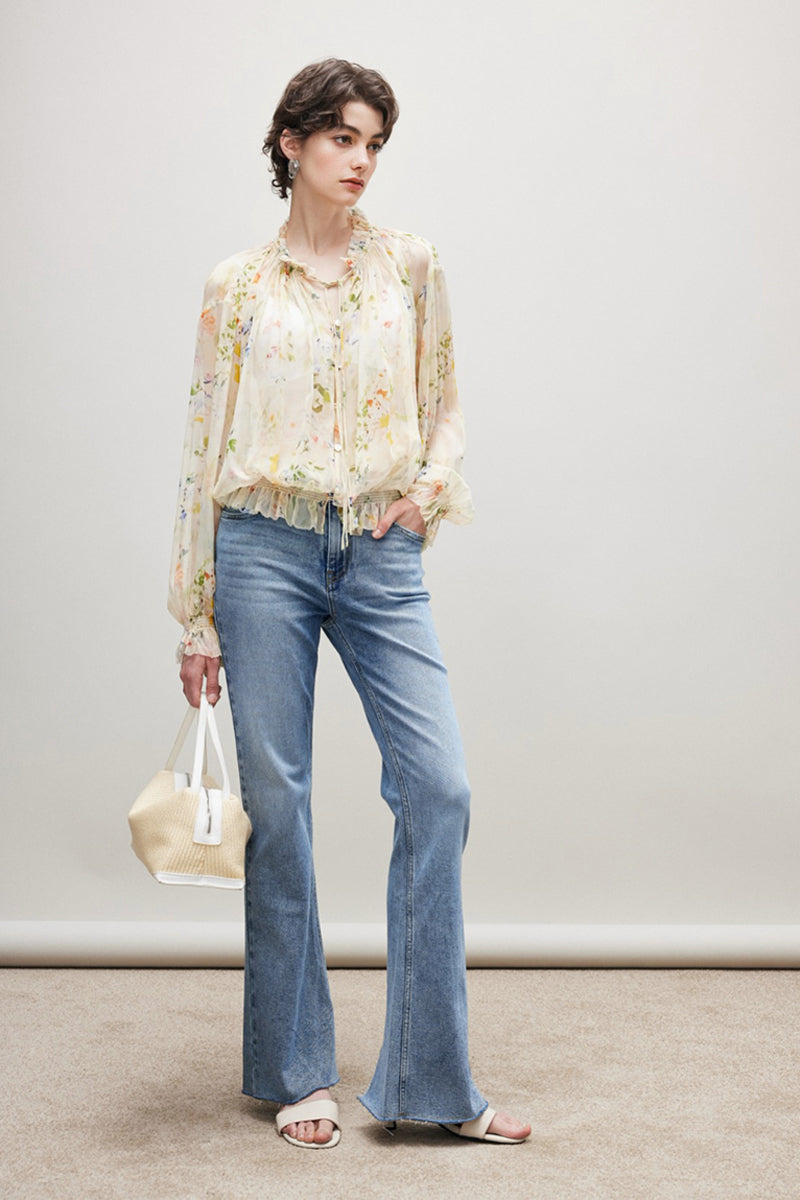 100% Silk Sheer Floral Print Tie Neck Blouse