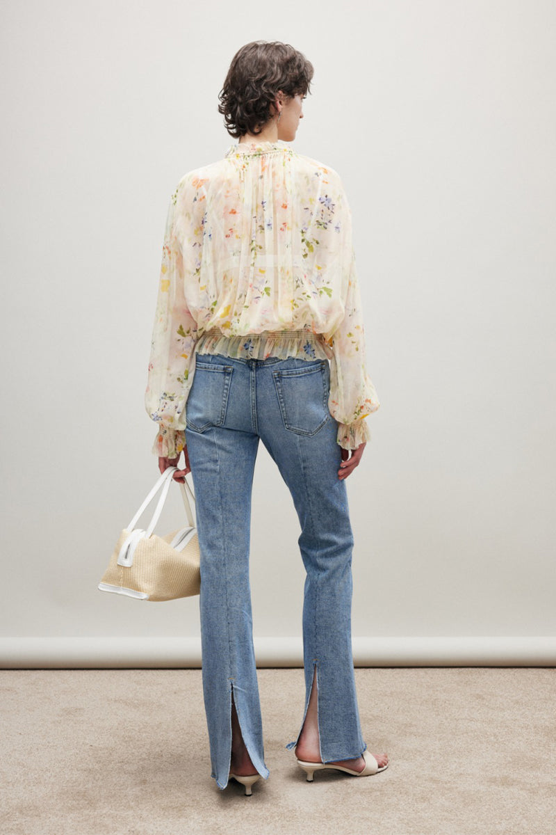 100% Silk Sheer Floral Print Tie Neck Blouse