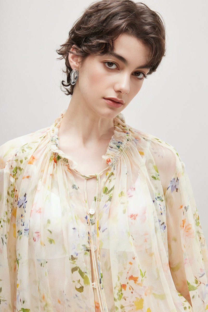 100% Silk Sheer Floral Print Tie Neck Blouse