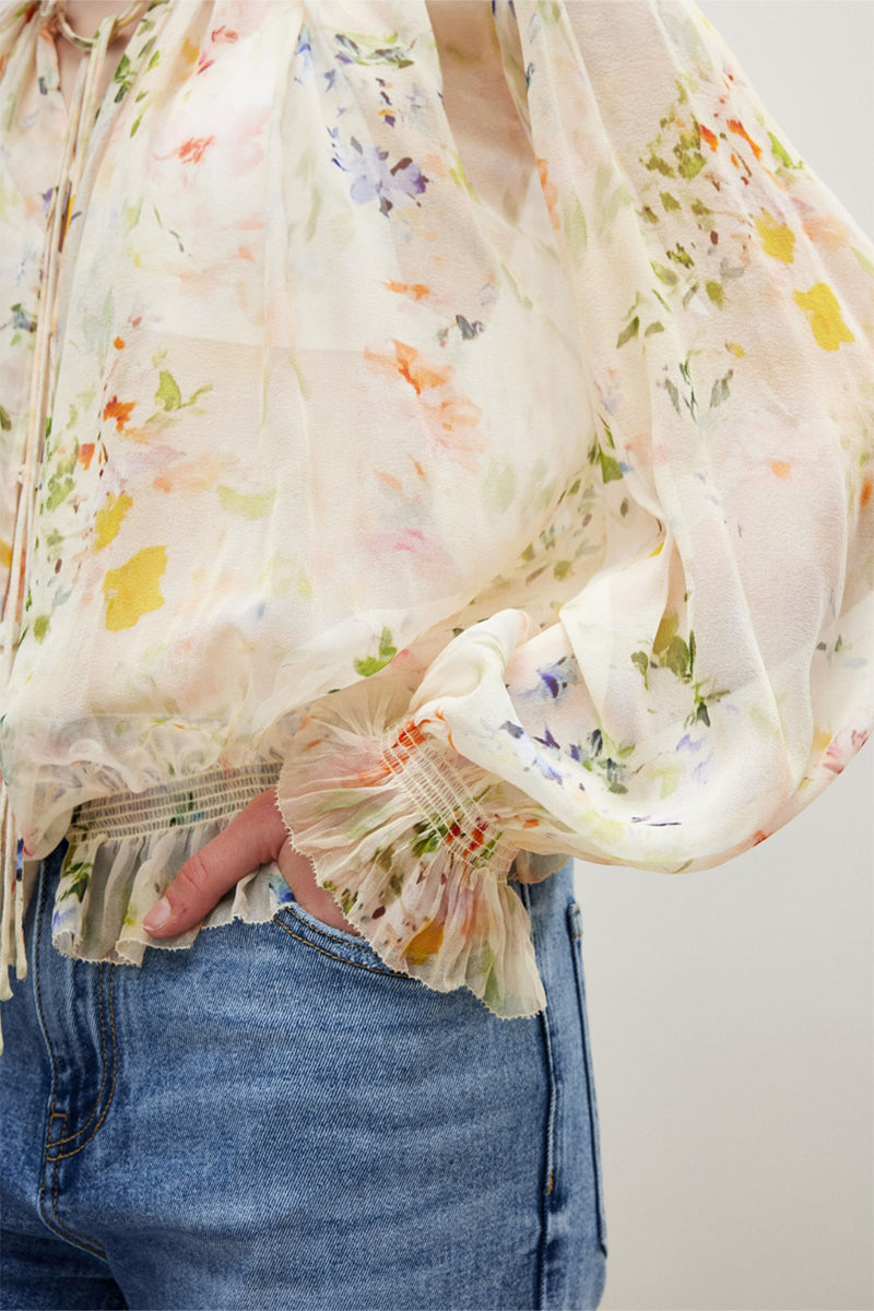 100% Silk Sheer Floral Print Tie Neck Blouse