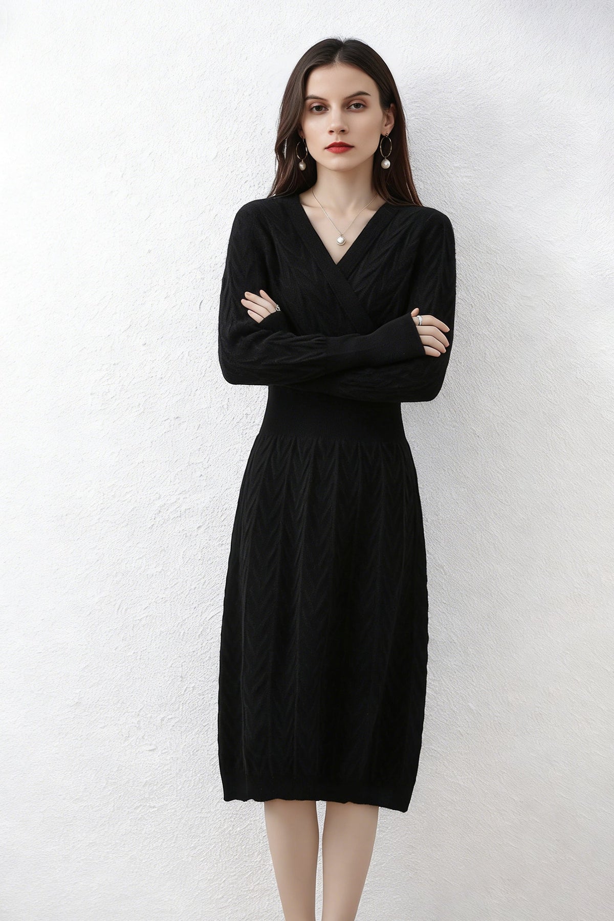 100% Wool Chevron Long Sleeve Wrap Midi Sweater Dress