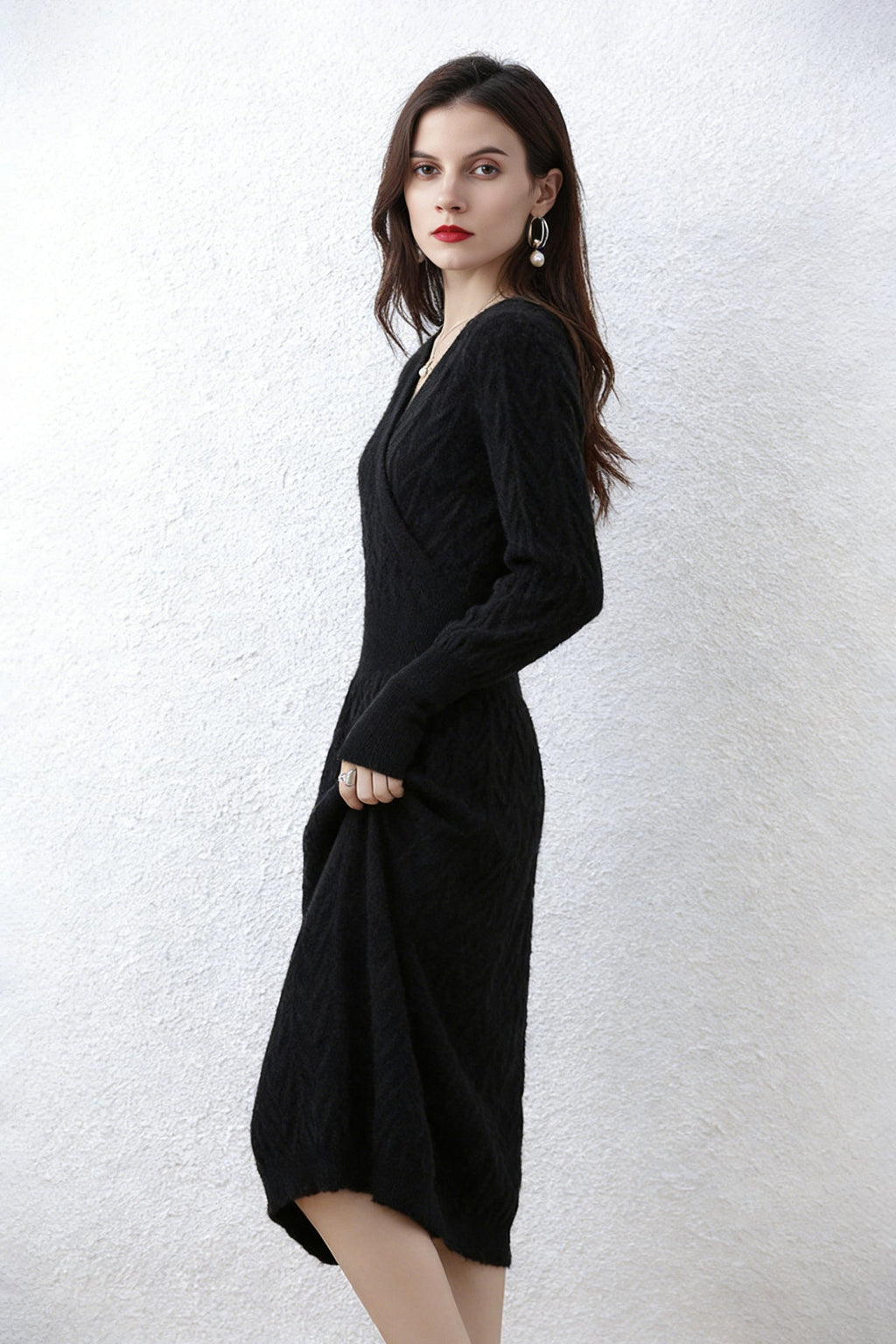 100% Wool Chevron Long Sleeve Wrap Midi Sweater Dress