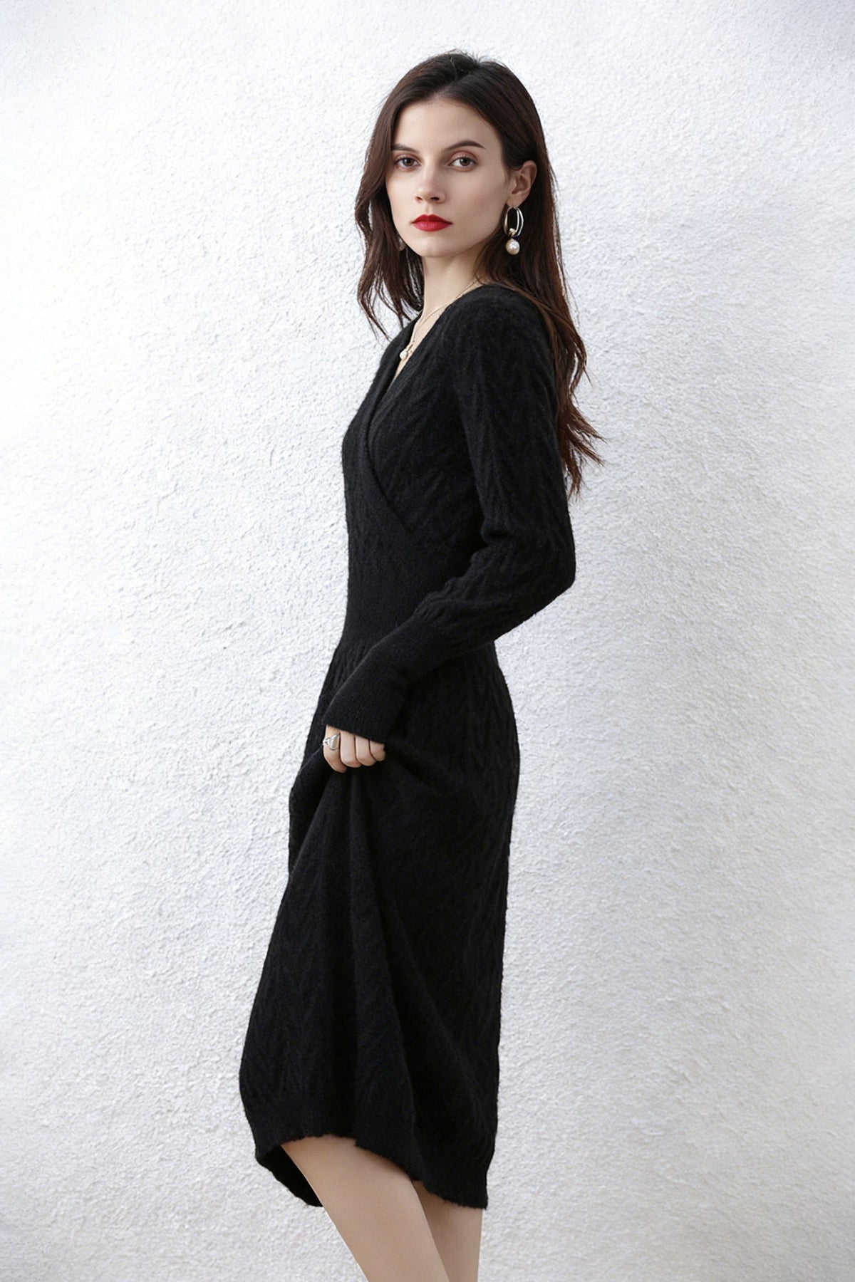100% Wool Chevron Long Sleeve Wrap Midi Sweater Dress