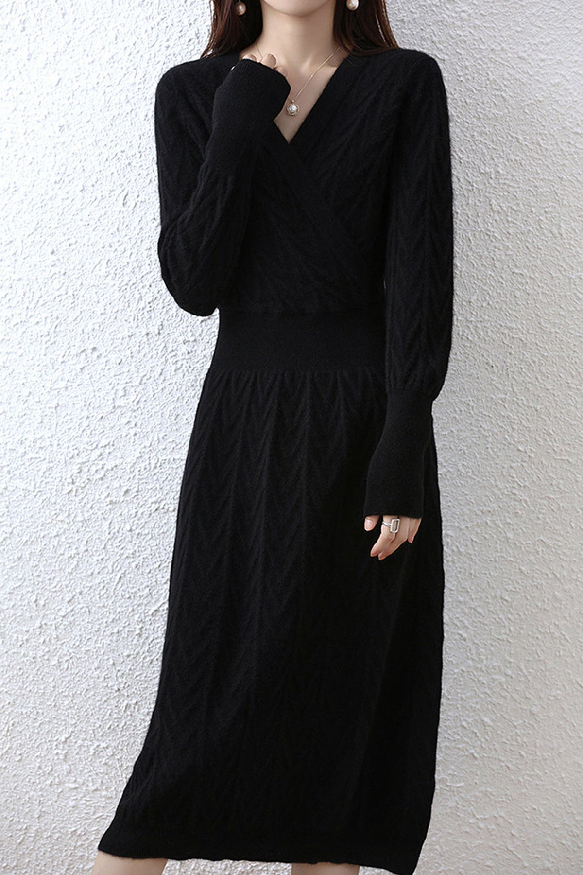 100% Wool Chevron Long Sleeve Wrap Midi Sweater Dress