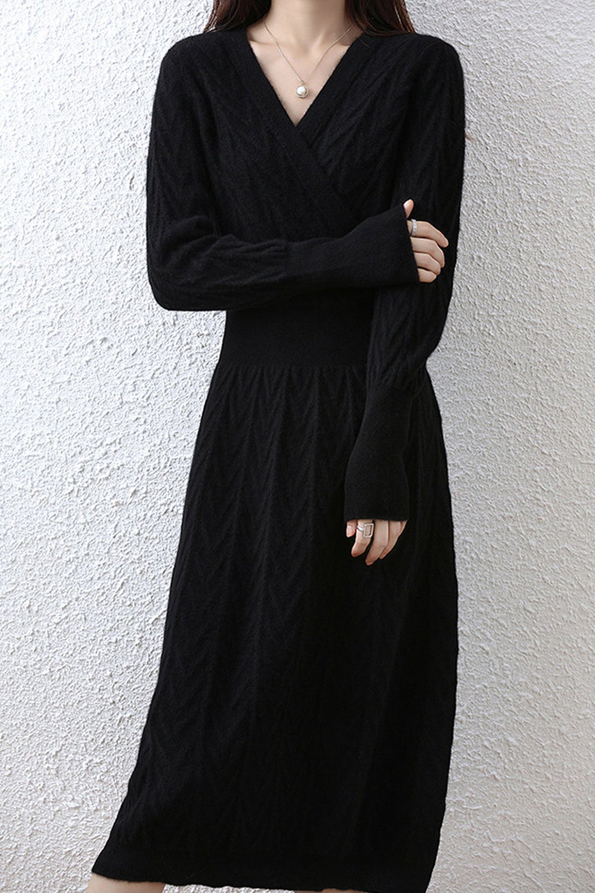 100% Wool Chevron Long Sleeve Wrap Midi Sweater Dress