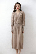 100% Wool Chevron Long Sleeve Wrap Midi Sweater Dress