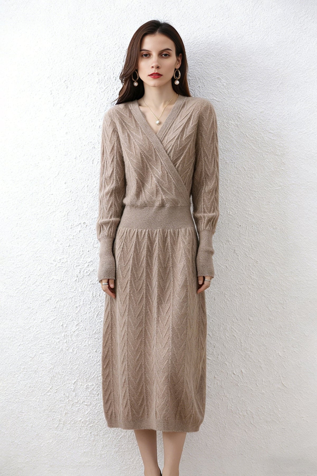 100% Wool Chevron Long Sleeve Wrap Midi Sweater Dress