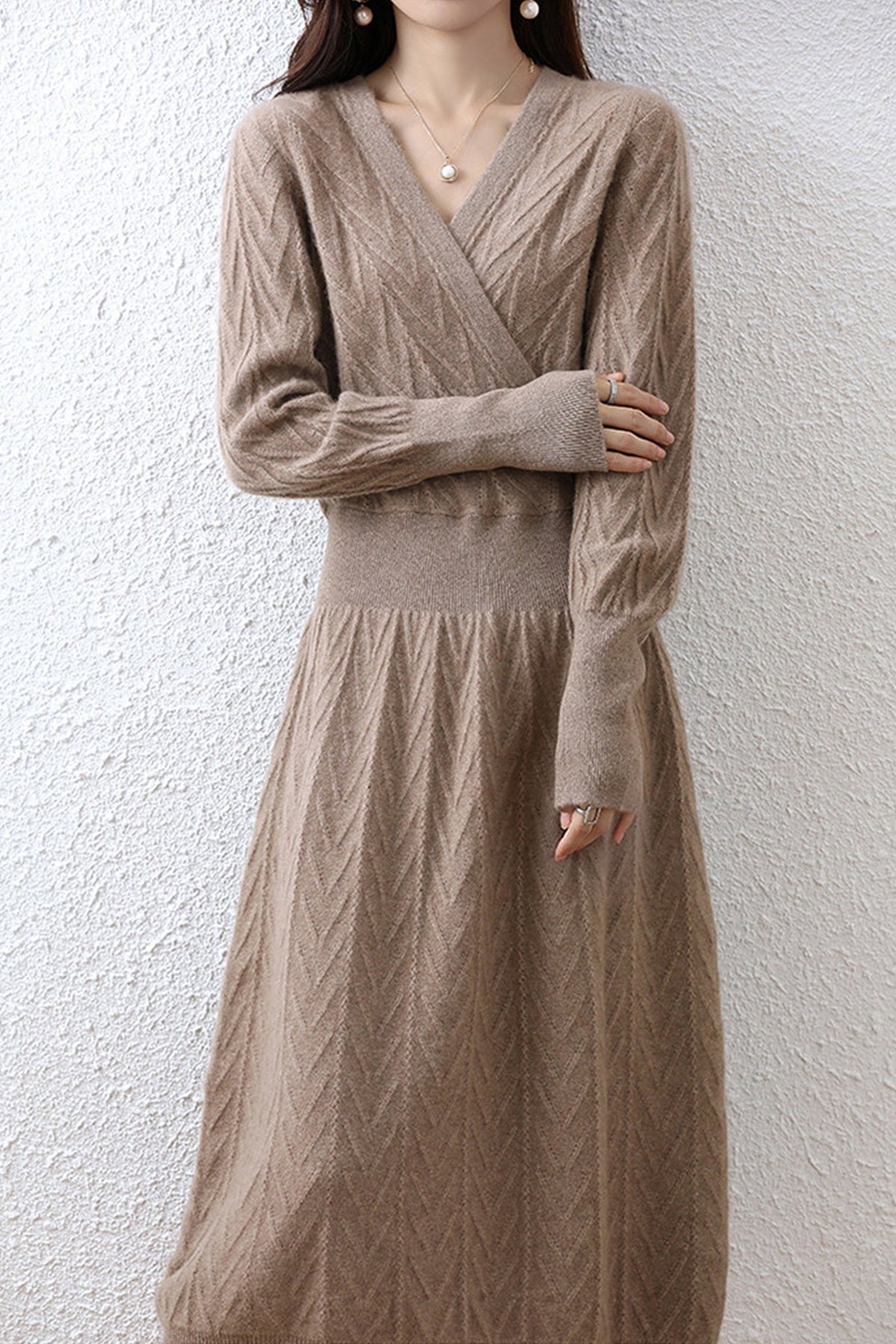 100% Wool Chevron Long Sleeve Wrap Midi Sweater Dress