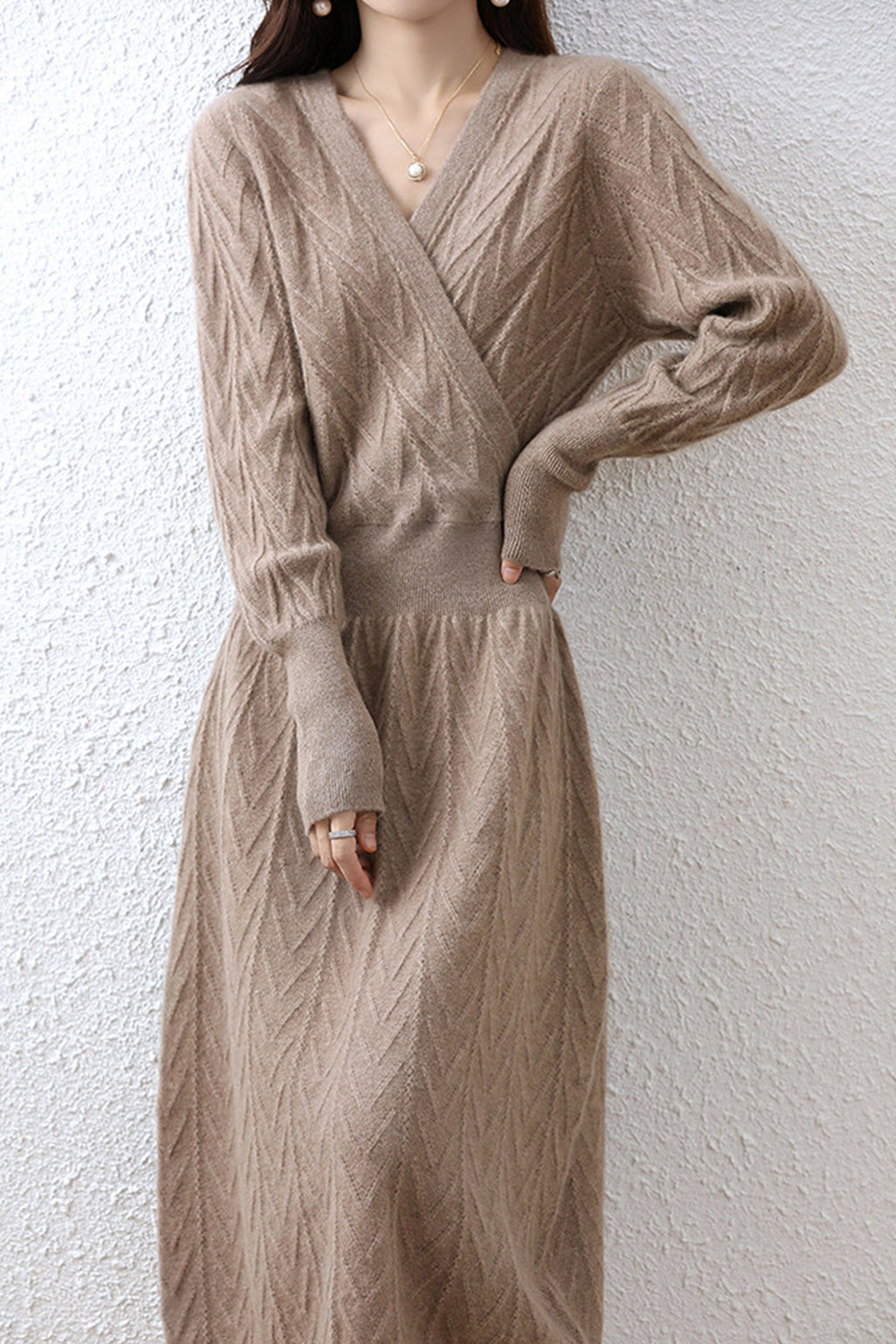 100% Wool Chevron Long Sleeve Wrap Midi Sweater Dress