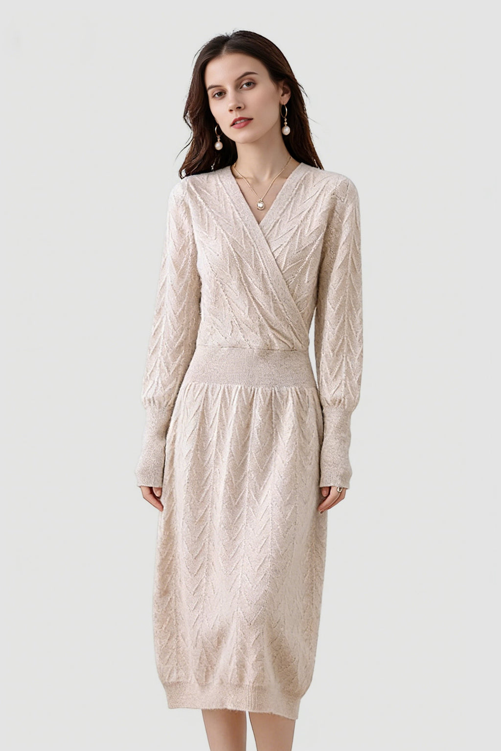 100% Wool Chevron Long Sleeve Wrap Midi Sweater Dress