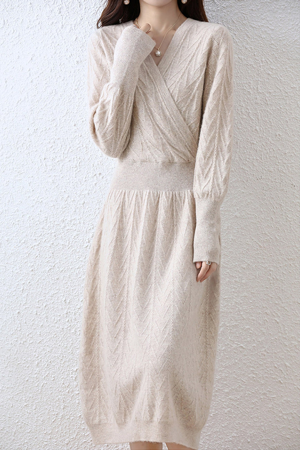 100% Wool Chevron Long Sleeve Wrap Midi Sweater Dress