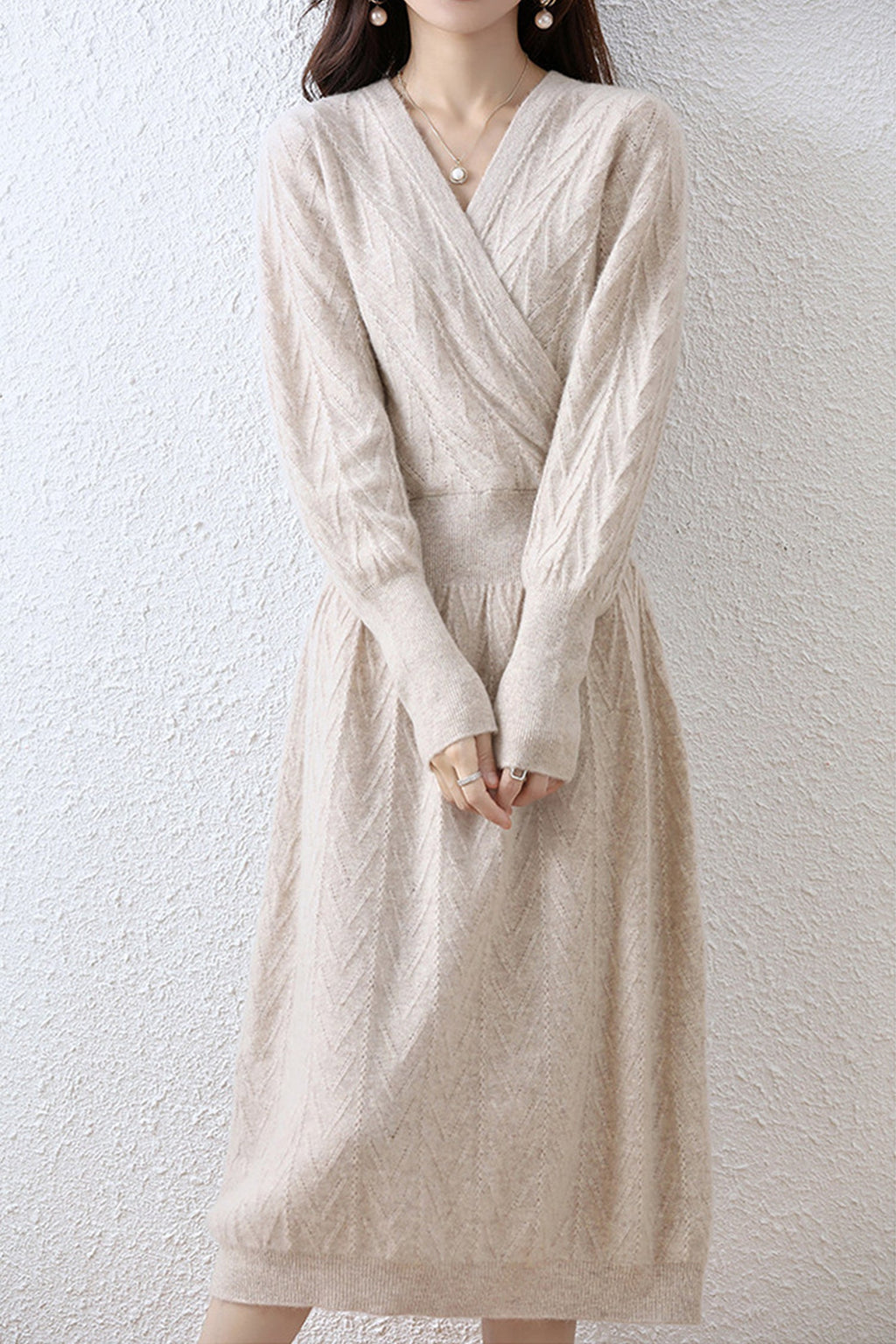 100% Wool Chevron Long Sleeve Wrap Midi Sweater Dress