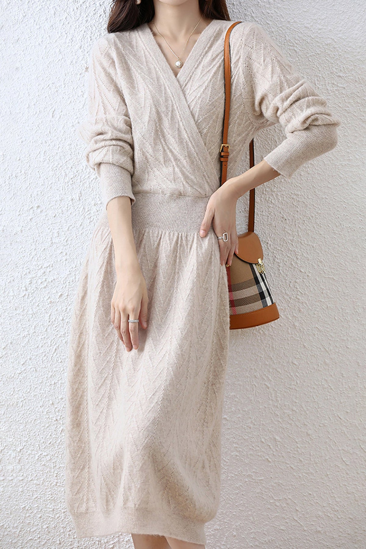 100% Wool Chevron Long Sleeve Wrap Midi Sweater Dress