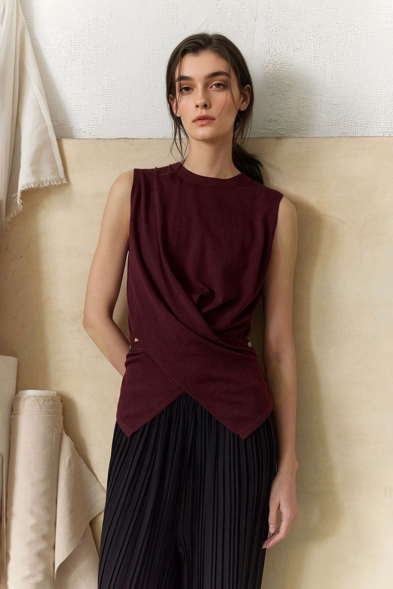 100 Wool Knit Asymmetrical Crew-Neck Wrap Tank Top