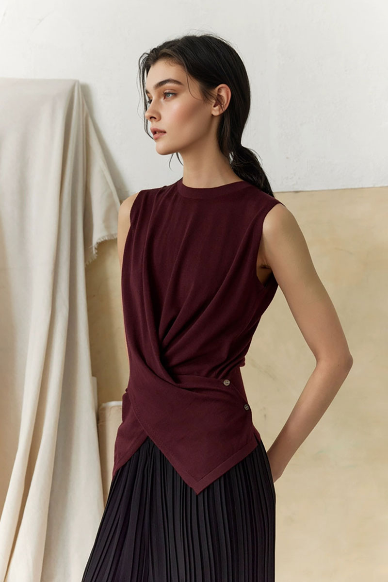 100 Wool Knit Asymmetrical Crew-Neck Wrap Tank Top