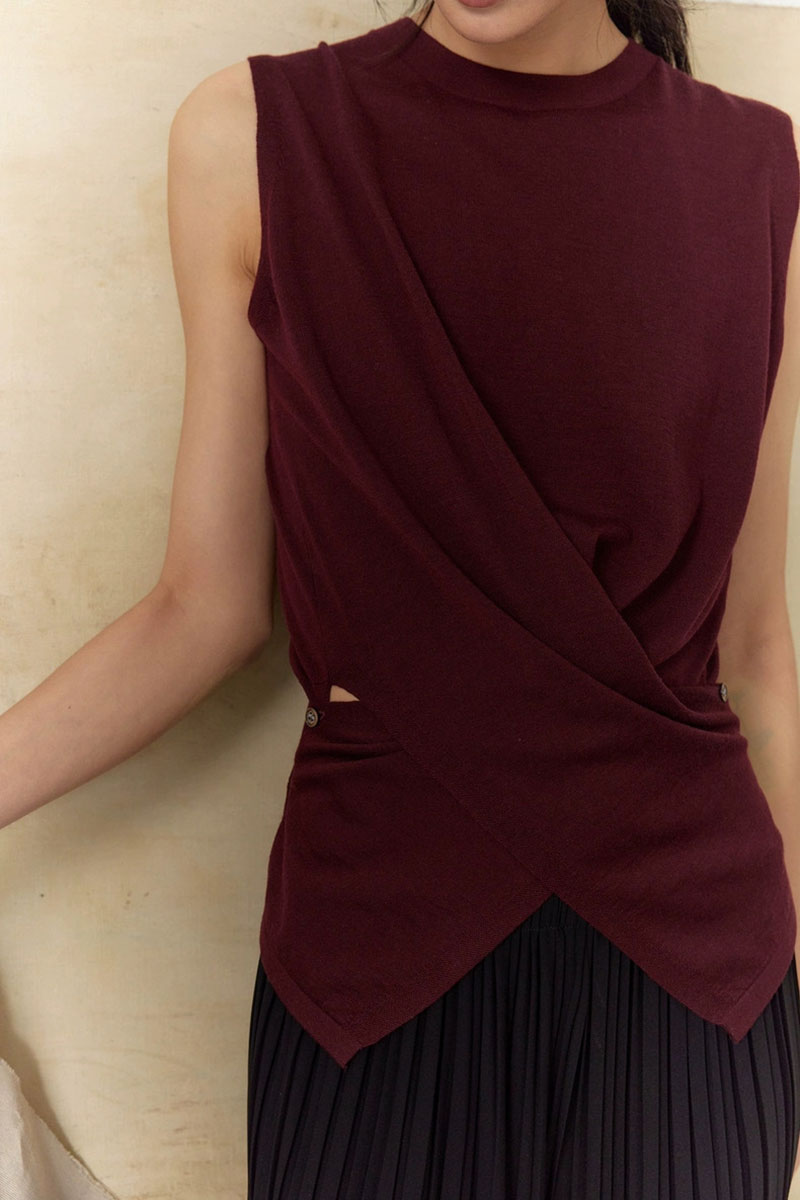 100 Wool Knit Asymmetrical Crew-Neck Wrap Tank Top